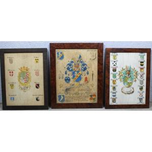 3 Gouaches With Heraldic Decoration Genealogy With Coats Of Arms By Joan Loten, 18th Century