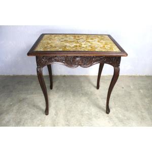 Louis XV Style Living Room Table In Carved Oak With Tapestry Top And 1 Drawer, 19th Century