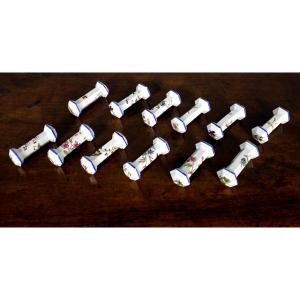 12 Knife Holders In Fine Bordeaux Earthenware, Nella Service, Birds And Flowers, Japanese Style, 19th Century