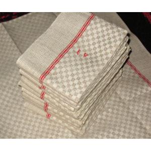 12 Red Bordered Tea Towels In Linen And Cotton Blend Fabric With Embroidered Lv Initials 