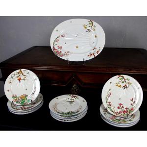 Fine Earthenware Meat Service From Bordeaux, Nella Decoration With Japanese-inspired Birds And Flowers, 19th Century