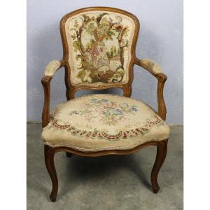 Louis XV Period Armchair In Natural Wood With 18th-century Pastoral-style Needlepoint Tapestry
