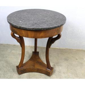 Mahogany Tripod Pedestal Table With Grey Sainte Anne Marble Top, Empire Style, Late 19th Century