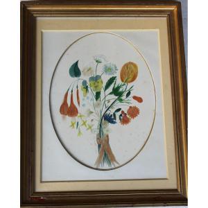 Framed Gouache Painting Depicting A Bouquet Of Flowers, Dated 1855, Romantic Style, 19th Century