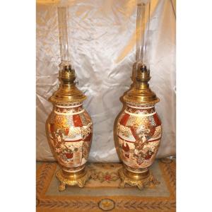 Pair Of Satsuma Enamel Lamps With Polychrome Decoration And Bronze Mounts, Japan, Late 19th Century
