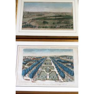 Framed Watercolor Optical Views Of Paris, 18th Century: General View And View Of The Jardin Des Plantes
