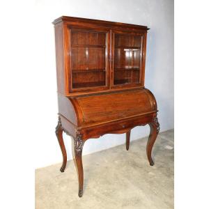 Bonheur Du Jour - Roll-top Desk With Its Louis XV Style Rosewood Bookcase, 19th Century