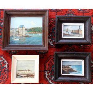 Four Framed Views Of Brittany: Saint Servan Sur Mer, Concarneau, Quiberon, Cancale, Signed Oil Paintings
