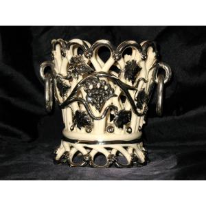 Round Earthenware Planter From Langeais Decorated With Bunches Of Grapes, Signed Cb, 19th Century