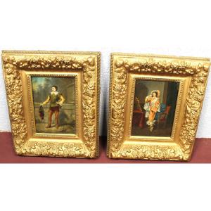 Pair Of Framed Oil Paintings On Panel Depicting Musketeers In Theatrical Scenes, 19th Century