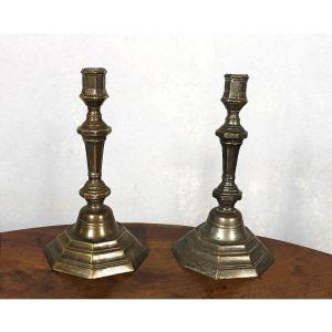 Pair Of Tinned Bronze Candlesticks In The Style Of Louis XIV, 18th Century