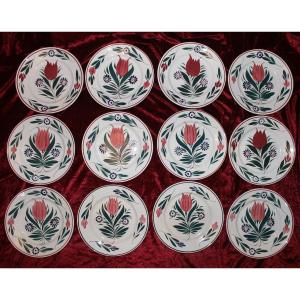 12 Fine Earthenware Plates From Bordeaux With Floral Decoration, Circa 1845