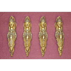 Set Of 4 Decorative Bronze Drop-leaf Pendants For Furniture And Interior Decoration With A Feminine Motif