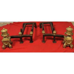 Pair Of Bronze And Wrought Iron Andirons From The Louis XVI Period, 18th Century
