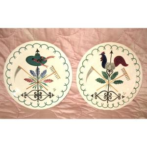 Pair Of Earthenware Dishes By Colette Guéden, Agricola Trophies Service, Art Deco Period