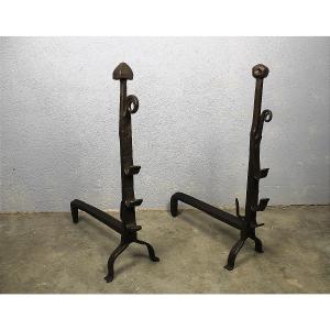 Pair Of Louis XIII Wrought Iron Andirons, 17th Century 