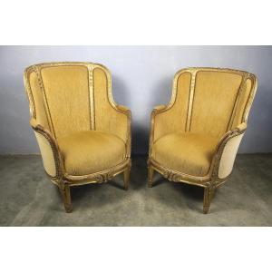 Pair Of Louis XVI Style Giltwood Bergère Armchairs, 19th Century