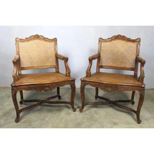 Pair Of Regency Style Cane Armchairs In Beech With Flat Backs, Late 19th Century