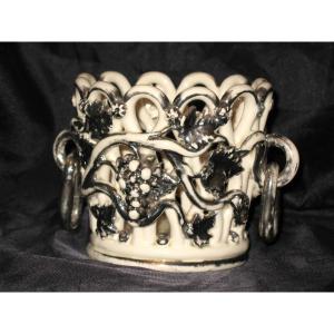 Round Earthenware Planter From Langeais Decorated With Bunches Of Grapes, Signed Cb, 19th Century