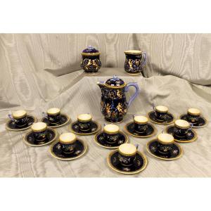 Coffee Service In Gien Earthenware, Italian Renaissance Decor In Royal Blue, Complete, Perfect Condition