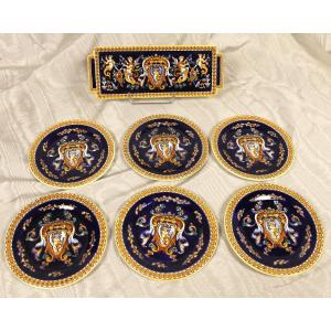 Gien Earthenware Dessert Service With Italian Renaissance Decor In Royal Blue Perfect Condition