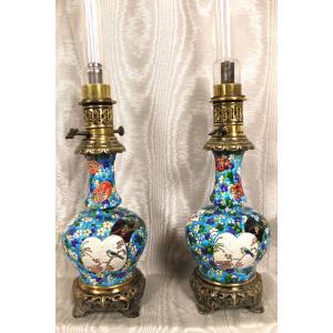 Pair Of Cloisonné-glazed Bordeaux Earthenware Lamps, Jules Vieillard Period, Japanese Decor