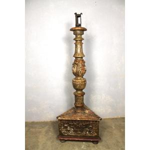 Large Polychrome Carved Gilded Wood Candle Stick In The Louis XIV Style, 19th Century H : 155 Cm