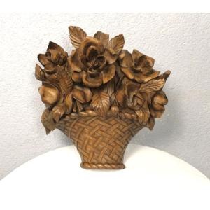 Carved Wood Decorated With A Bouquet Of Roses In A Basket, Mid-19th Century