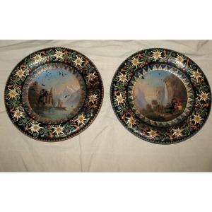 Pair Of Enamelled Dishes From Thun - Switzerland - Painted Views Hand In The Center Epoque Nineteenth