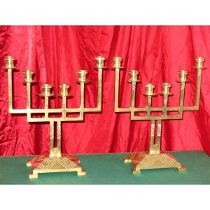 Pair Of Bronze Candlesticks Art Deco Period With 6 Branches