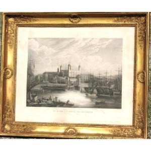 Golden Frame In The 19th Empire Style With Its Interior Engraving: View Of The Tower Of London