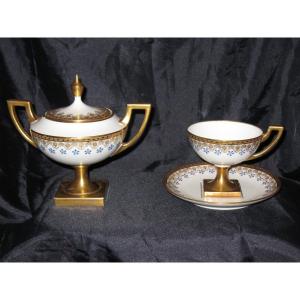Cup And Sugar Bowl In Limoges Porcelain By Jean Pouyat Decorated With Barbeaux, 19th Century