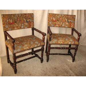 Pair Of Louis XIII Arm Chairs In Walnut With Floral Tapestry And Birds