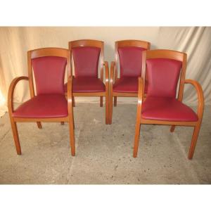 Set Of 4 Designer Bridge Armchairs From The 50s And 60s In Honey-stained Curved Beech