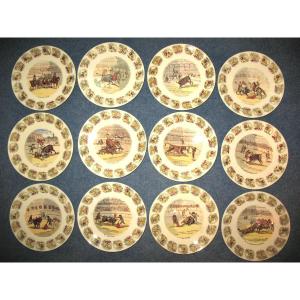 Suite Of 12 Earthenware Plates From Sarreguemines On Bullfighting, 19th Century
