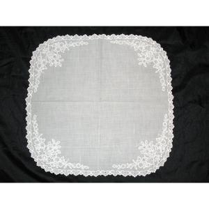 Wedding Handkerchief In White Embroidery On Batiste With Flower Decoration