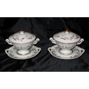 Pair Of Bezels Or Bonbonnières In Paris Porcelain Decorated With Twigs, 19th Century