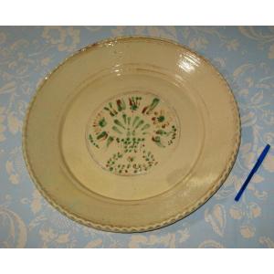 Very Large Glazed Sandstone Dish Decorated With A Flower Basket