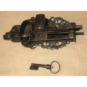 Strong Wrought Iron Lock With Its Handle And Key 17th Century
