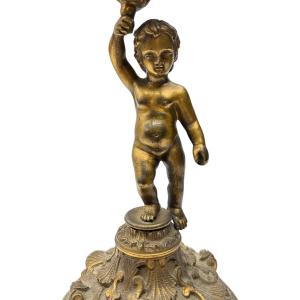 Holy Water Font Carried By Putto In Bronze 