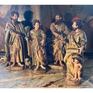 Four Evangelists, Polychrome And Gilted  Wood, 