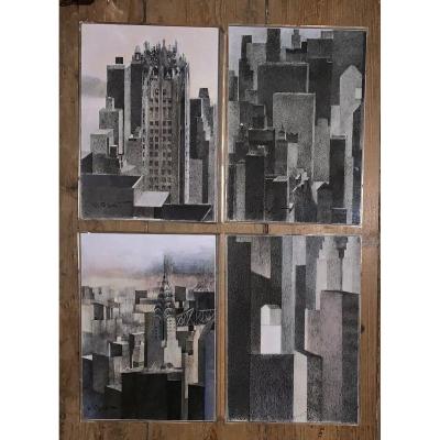 Set Of 4 Signed New York Views Drawings