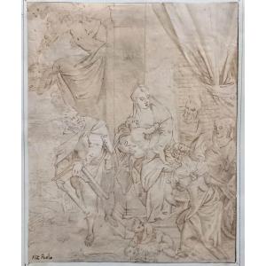 17th Century Italian School: Brown Ink Drawing "saint Dorothy And The Holy Family"