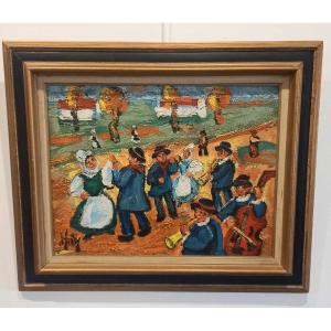 Henry d'Anty (1910-1998) "breton Folk Parade" Oil On Canvas 