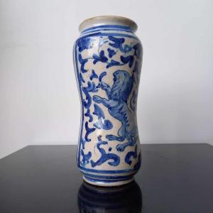 Cylindrical Albarello, Blue Decor Of A Rampant Lion. Italy Savona 18th Century