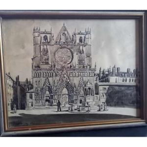 "cathedral Of Saint John The Baptist And Saint Stephen Of Lyon" Ink Wash, Signed And Dated 42