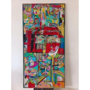 Boris Matussière (20th-21st) “vertical Composition With Red Portrait” Mixed Media