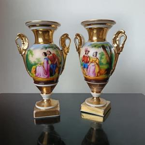 Pair Of Paris Porcelain Vases. Romantic Period, 19th Century