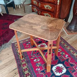 Natural Wood Side Table With Inlaid Top And Swans In A Landscape