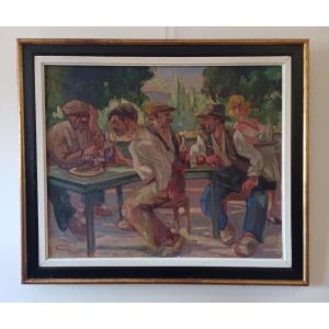 Mario Pérouse "the Guinguette On The Banks Of The Allier" Oil On Canvas